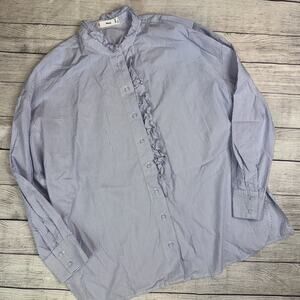 MNG Mango Women's Blue Pinstripe Buttoned Shirt with Ruffle Detail Size 4